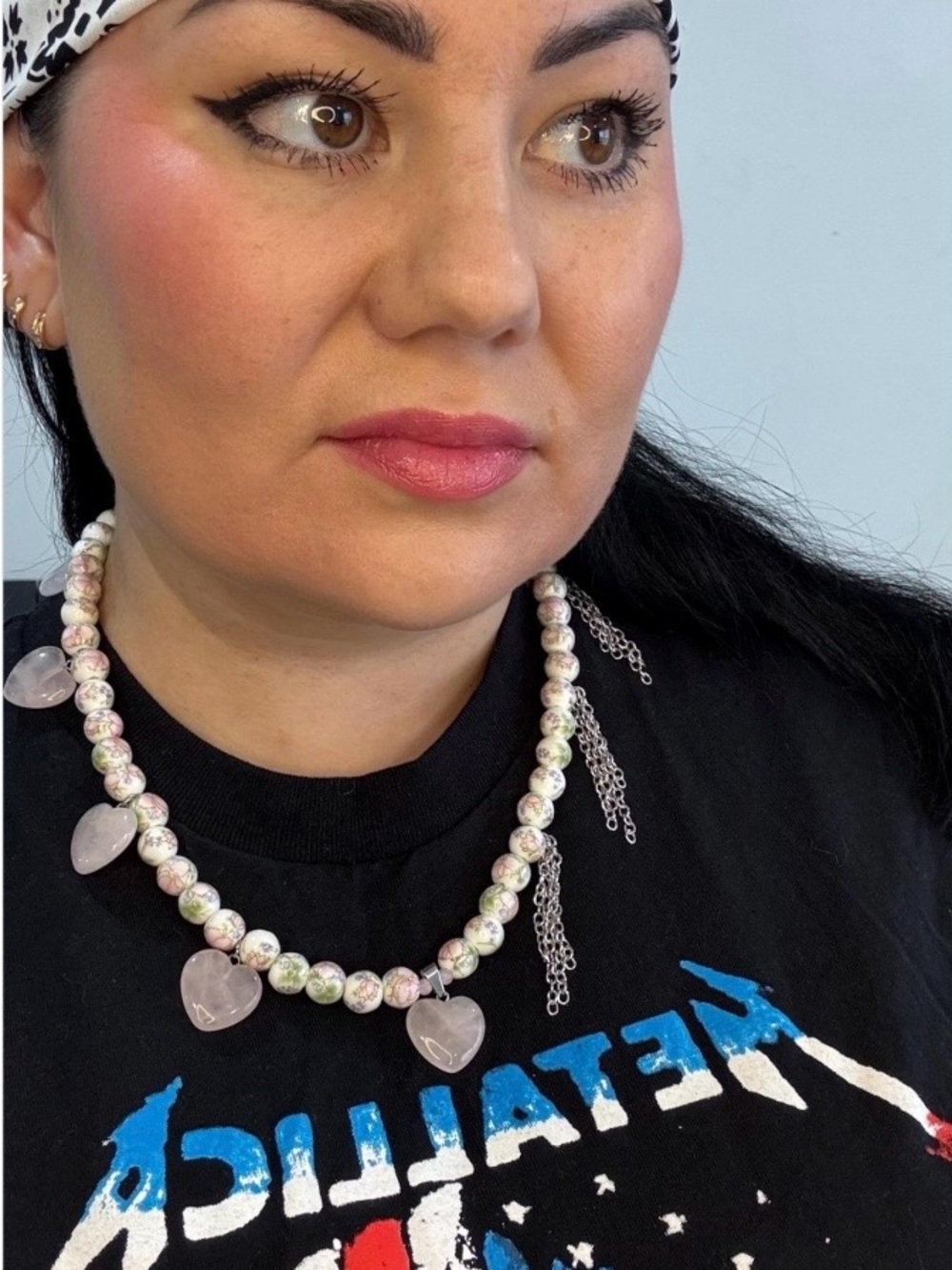 Handmade Rose Quartz Heart Necklace Floral Beaded Statement Jewelry